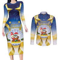 Niue Christmas Couples Matching Long Sleeve Bodycon Dress and Long Sleeve Button Shirt Seashell Santa Beach Vibes - Polynesian Pride