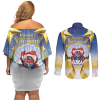 Niue Christmas Couples Matching Off Shoulder Short Dress and Long Sleeve Button Shirt Seashell Santa Beach Vibes - Polynesian Pride