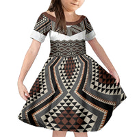 New Zealand Aotearoa Family Matching Off Shoulder Maxi Dress and Hawaiian Shirt Taniko Art Simple Style LT05 Daughter's Dress Brown - Polynesian Pride