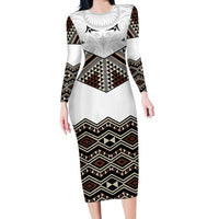 New Zealand Aotearoa Long Sleeve Bodycon Dress Taniko Art Simple Style LT05 Long Dress Brown - Polynesian Pride