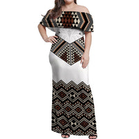 New Zealand Aotearoa Off Shoulder Maxi Dress Taniko Art Simple Style LT05 Women Brown - Polynesian Pride