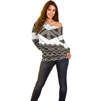 New Zealand Aotearoa Off Shoulder Sweater Taniko Art Simple Style LT05 - Polynesian Pride