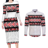 New Zealand Aotearoa Couples Matching Long Sleeve Bodycon Dress and Long Sleeve Button Shirt With Kowhaiwhai Pattern Red Version LT05 Red - Polynesian Pride