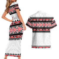 New Zealand Aotearoa Couples Matching Short Sleeve Bodycon Dress and Hawaiian Shirt With Kowhaiwhai Pattern Red Version LT05 - Polynesian Pride