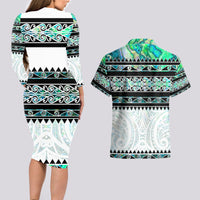 New Zealand Aotearoa Couples Matching Long Sleeve Bodycon Dress and Hawaiian Shirt With Paua Shell Kowhaiwhai Pattern LT05 - Polynesian Pride