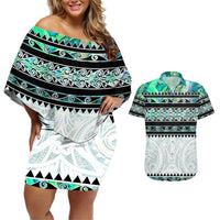 New Zealand Aotearoa Couples Matching Off Shoulder Short Dress and Hawaiian Shirt With Paua Shell Kowhaiwhai Pattern LT05 Green - Polynesian Pride