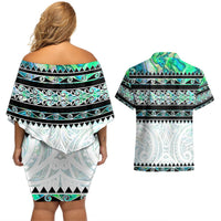 New Zealand Aotearoa Couples Matching Off Shoulder Short Dress and Hawaiian Shirt With Paua Shell Kowhaiwhai Pattern LT05 - Polynesian Pride