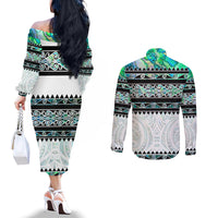 New Zealand Aotearoa Couples Matching Off The Shoulder Long Sleeve Dress and Long Sleeve Button Shirt With Paua Shell Kowhaiwhai Pattern LT05 - Polynesian Pride