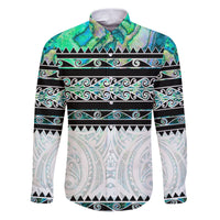 New Zealand Aotearoa Family Matching Puletasi Dress and Hawaiian Shirt With Paua Shell Kowhaiwhai Pattern LT05 Dad's Shirt - Long Sleeve Green - Polynesian Pride