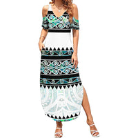 New Zealand Aotearoa Family Matching Summer Maxi Dress and Hawaiian Shirt With Paua Shell Kowhaiwhai Pattern LT05 Mom's Dress Green - Polynesian Pride