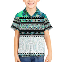New Zealand Aotearoa Family Matching Tank Maxi Dress and Hawaiian Shirt With Paua Shell Kowhaiwhai Pattern LT05 Son's Shirt Green - Polynesian Pride