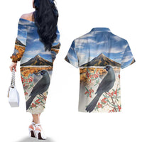 New Zealand Mount Taranaki Landscape Couples Matching Off The Shoulder Long Sleeve Dress and Hawaiian Shirt Kokako Bird Polynesian Style