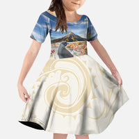 New Zealand Mount Taranaki Landscape Family Matching Off The Shoulder Long Sleeve Dress and Hawaiian Shirt Kokako Bird Polynesian Style