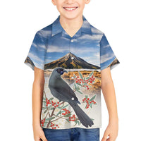New Zealand Mount Taranaki Landscape Family Matching Off Shoulder Short Dress and Hawaiian Shirt Kokako Bird Polynesian Style
