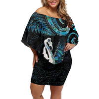 New Zealand Aotearoa Off Shoulder Short Dress Maori Manaia Paua Shell Glitter Turquoise LT05 Women Turquoise - Polynesian Pride