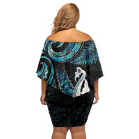 New Zealand Aotearoa Off Shoulder Short Dress Maori Manaia Paua Shell Glitter Turquoise LT05 - Polynesian Pride