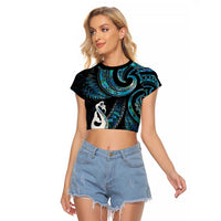 New Zealand Aotearoa Raglan Cropped T Shirt Maori Manaia Paua Shell Glitter Turquoise LT05 Female Turquoise - Polynesian Pride