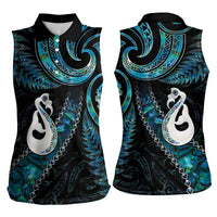 New Zealand Aotearoa Women Sleeveless Polo Shirt Maori Manaia Paua Shell Glitter Turquoise