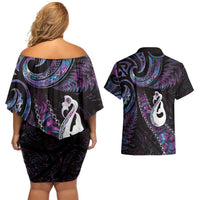 New Zealand Aotearoa Couples Matching Off Shoulder Short Dress and Hawaiian Shirt Maori Manaia Paua Shell Glitter Purple