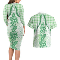 Aloha Hawaii Palaka Couples Matching Long Sleeve Bodycon Dress and Hawaiian Shirt Green Plumeria Lei - Polynesian Pride