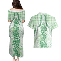 Aloha Hawaii Palaka Couples Matching Puletasi and Hawaiian Shirt Green Plumeria Lei - Polynesian Pride