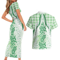 Aloha Hawaii Palaka Couples Matching Short Sleeve Bodycon Dress and Hawaiian Shirt Green Plumeria Lei - Polynesian Pride