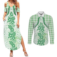 Aloha Hawaii Palaka Couples Matching Summer Maxi Dress and Long Sleeve Button Shirt Green Plumeria Lei - Polynesian Pride