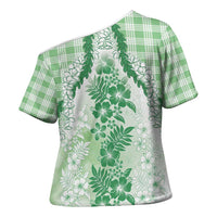Aloha Hawaii Palaka Cross Shoulder Shirt Green Plumeria Lei LT05 - Polynesian Pride