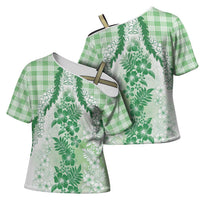 Aloha Hawaii Palaka Cross Shoulder Shirt Green Plumeria Lei LT05 - Polynesian Pride