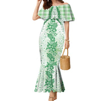 Aloha Hawaii Palaka Family Matching Mermaid Dress and Hawaiian Shirt Green Plumeria Lei - Polynesian Pride