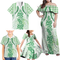 Aloha Hawaii Palaka Family Matching Off Shoulder Maxi Dress and Hawaiian Shirt Green Plumeria Lei - Polynesian Pride