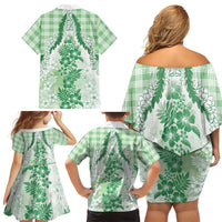 Aloha Hawaii Palaka Family Matching Off Shoulder Short Dress and Hawaiian Shirt Green Plumeria Lei - Polynesian Pride
