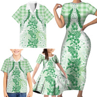 Aloha Hawaii Palaka Family Matching Short Sleeve Bodycon Dress and Hawaiian Shirt Green Plumeria Lei - Polynesian Pride