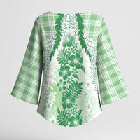 Aloha Hawaii Palaka Kimono Sleeve Blouse Green Plumeria Lei LT05 - Polynesian Pride