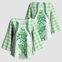 Aloha Hawaii Palaka Kimono Sleeve Blouse Green Plumeria Lei LT05 - Polynesian Pride
