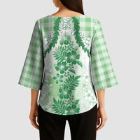Aloha Hawaii Palaka Kimono Sleeve Blouse Green Plumeria Lei LT05 - Polynesian Pride