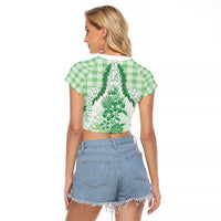 Aloha Hawaii Palaka Raglan Cropped T Shirt Green Plumeria Lei - Polynesian Pride