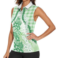 Aloha Hawaii Palaka Women Sleeveless Polo Shirt Green Plumeria Lei - Polynesian Pride