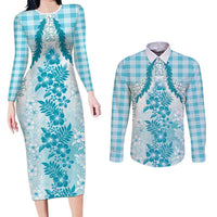 Aloha Hawaii Palaka Couples Matching Long Sleeve Bodycon Dress and Long Sleeve Button Shirt Blue Plumeria Lei - Polynesian Pride
