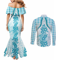 Aloha Hawaii Palaka Couples Matching Mermaid Dress and Long Sleeve Button Shirt Blue Plumeria Lei - Polynesian Pride