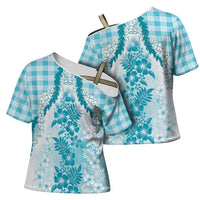 Aloha Hawaii Palaka Cross Shoulder Shirt Blue Plumeria Lei LT05 - Polynesian Pride