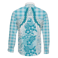Aloha Hawaii Palaka Family Matching Off Shoulder Short Dress and Hawaiian Shirt Blue Plumeria Lei - Polynesian Pride