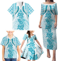 Aloha Hawaii Palaka Family Matching Puletasi and Hawaiian Shirt Blue Plumeria Lei - Polynesian Pride