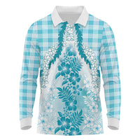 Aloha Hawaii Palaka Long Sleeve Polo Shirt Blue Plumeria Lei - Polynesian Pride