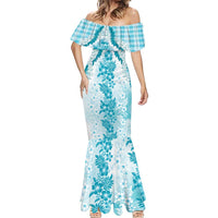 Aloha Hawaii Palaka Mermaid Dress Blue Plumeria Lei - Polynesian Pride