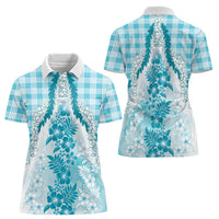 Aloha Hawaii Palaka Women Polo Shirt Blue Plumeria Lei - Polynesian Pride