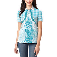 Aloha Hawaii Palaka Women Polo Shirt Blue Plumeria Lei - Polynesian Pride