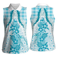 Aloha Hawaii Palaka Women Sleeveless Polo Shirt Blue Plumeria Lei - Polynesian Pride