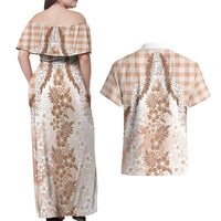 Aloha Hawaii Palaka Couples Matching Off Shoulder Maxi Dress and Hawaiian Shirt Beige Plumeria Lei - Polynesian Pride