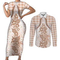Aloha Hawaii Palaka Couples Matching Short Sleeve Bodycon Dress and Long Sleeve Button Shirt Beige Plumeria Lei - Polynesian Pride
